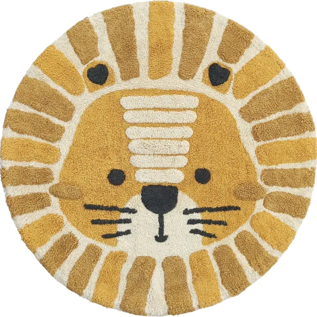 Mats & Joy Rond Kinderkamer Vloerkleed met Leeuw Ø 110 cm - Katoen - Wasbaar - Fluweelzacht Kindertapijt - Kinderkamer Tapijt - Cotton Collection okergeel