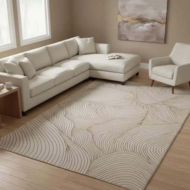 TapisTrend Designer tapijt Beige 80x150 cm Modern vloerkleed met overlappende golvende lijnen en een topografisch effect voor de woonkamer, slaapkamer en eetkamer