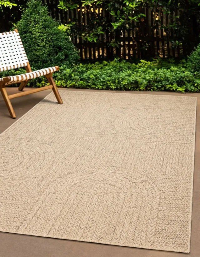 the carpet Kansas - Robuust In- en Outdoor vloerkleed, natuurlijk jute-look met cirkelmotief, weerbestendig, geschikt voor terras en tuin, 300 x 400 cm