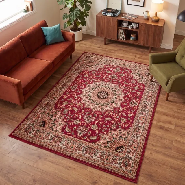 Tapiso Atlas PP Vloerkleed Woonkamer Slaapkamer Rood Frame Medaillon Klassiek Woonsfeer Interieur Hoogwaardig Duurzaam Tapijt Maat - 200 x 200 cm Rood 6