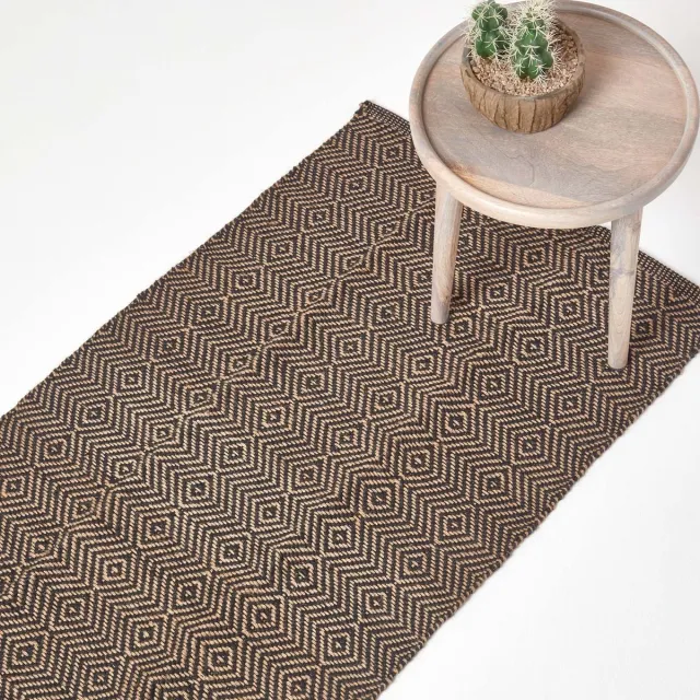 Homescapes Handgeweven vloerkleed van zwart jute met geometrisch patroon 66 x 200 cm Zwart/Natuur