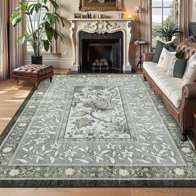 Triumpunpre Washbaar Vloerkleed - Opvouwbaar Printtapijt met bladmotief in landelijke sfeer met Antislip TPR Onderkant - Grijs 160 x 230 cm