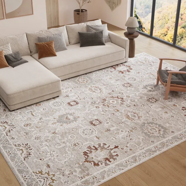 Tapiso Trend Tapijt Kortpolig - Vintage Tapijt Hoge Kwaliteit - Elegant Woonkamer Tapijt in Crème Beige met Bruin Grijs - Bloemenpatroon - Easy Care Tapijt - OEKO-TEX Creme Beige
