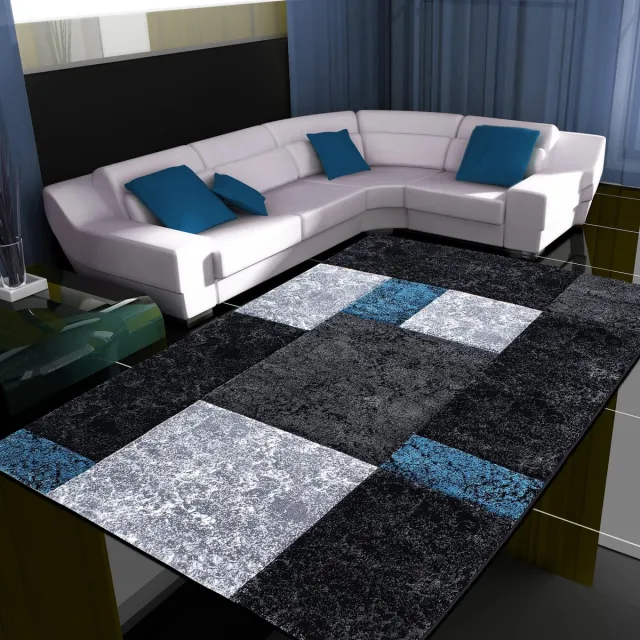 Ayyildiz Laagpolig vloerkleed met ruitpatroon, turquoise kleur, geschikt voor de woonkamer, met een jute achterkant