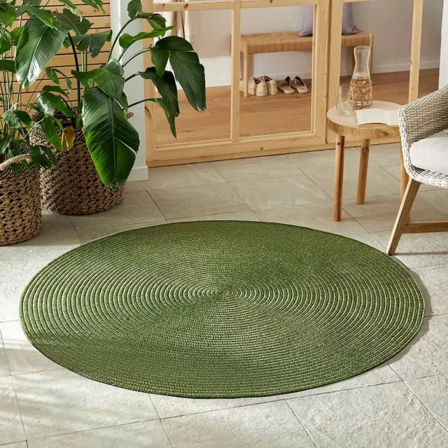 flycarpets Trenzado Rond Binnen- en buitenkleed Groen - Jute Look - Vloerkleed Buiten / Tuintapijt - Laagpolig