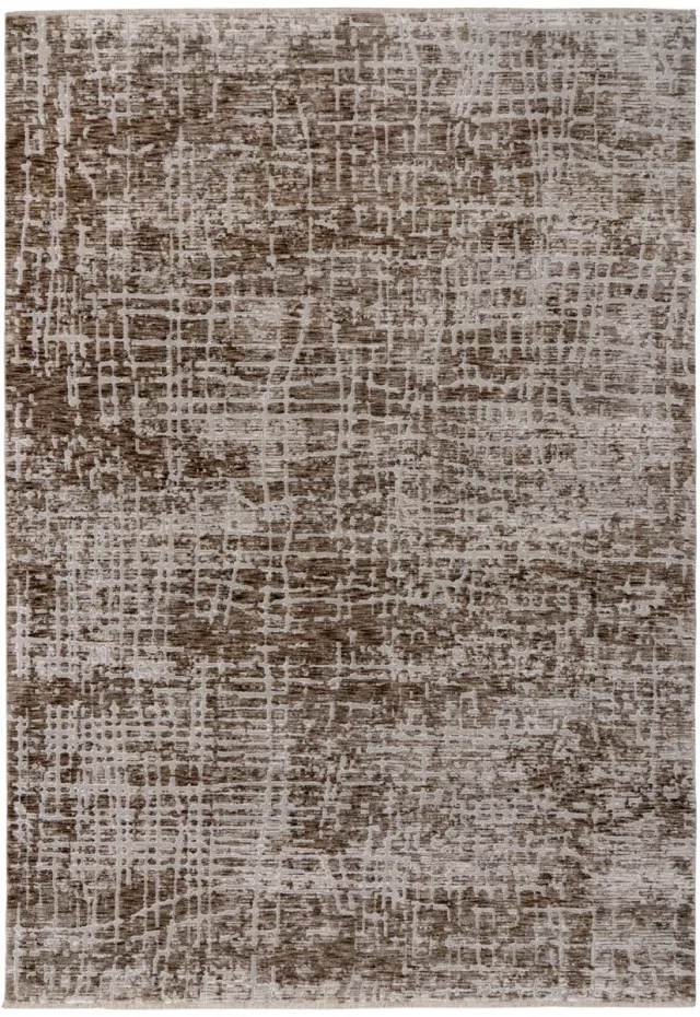 Padiro design laagpolig vloerkleed 80 x 150 cm - donkerbeige - modern abstract ontwerp - met franjes - voor vloerverwarming - van polyester en katoen