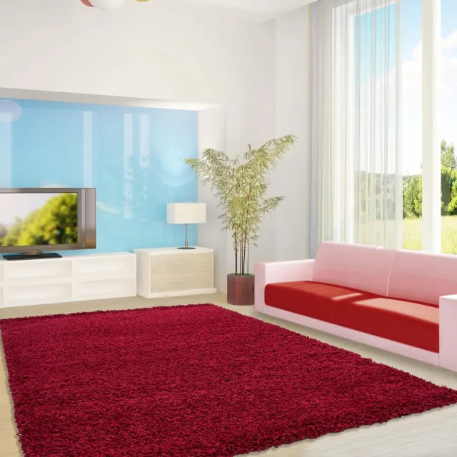 Ayyildiz Hoogpolig vloerkleed, effen kleur - effen rood, vloerkleed voor de woonkamer, jute achterkant, afmeting: 120 cm x 170 cm