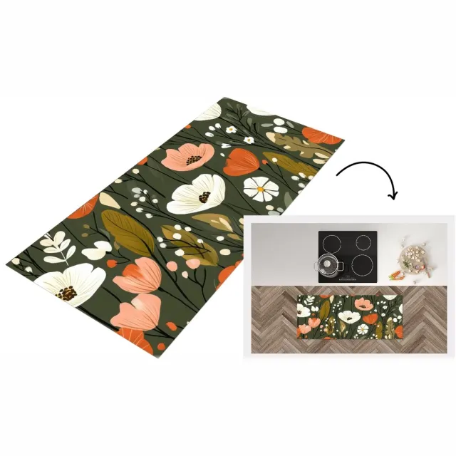 KitchenYeah Keukenloper - Keukenmat vinyl Bloemen - Illustratie - Groen - Keukenmatten loper - Keuken vloerkleed tapijt
