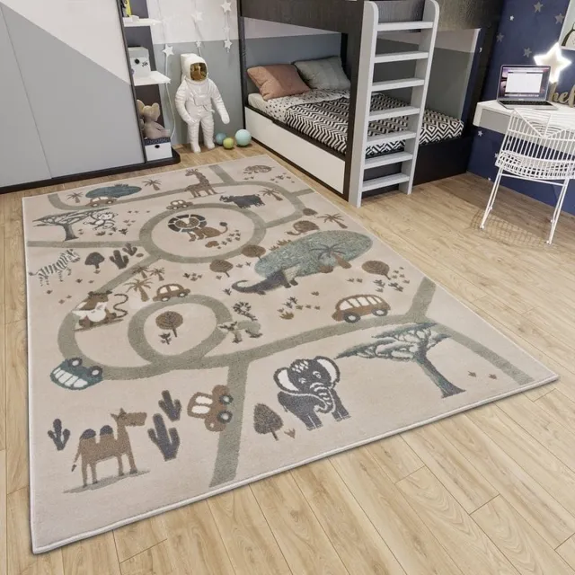 flycarpets Adventures Kindervloerkleed Beige / Taupe / Grijs - Dierentuin / Verkeerskleed