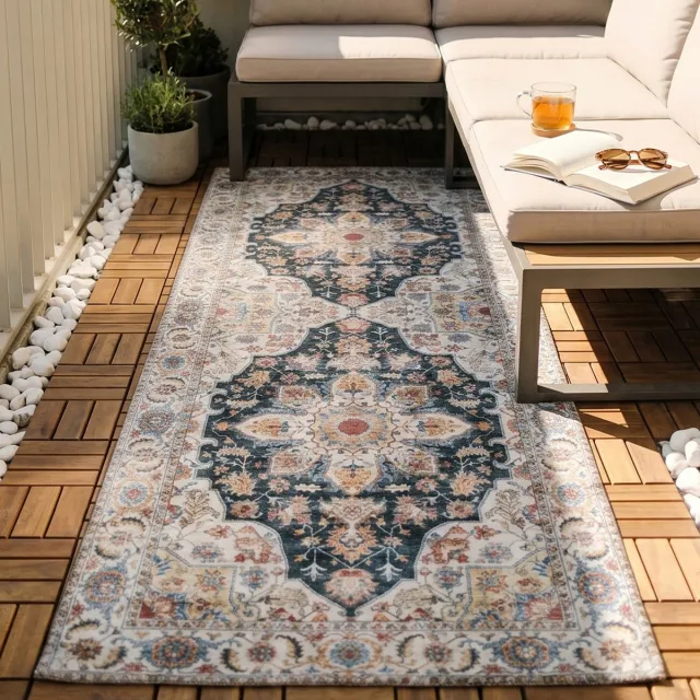 Fraai Wasbare loper - Domingo Mandala Donkergroen - 80x300cm Turquoise