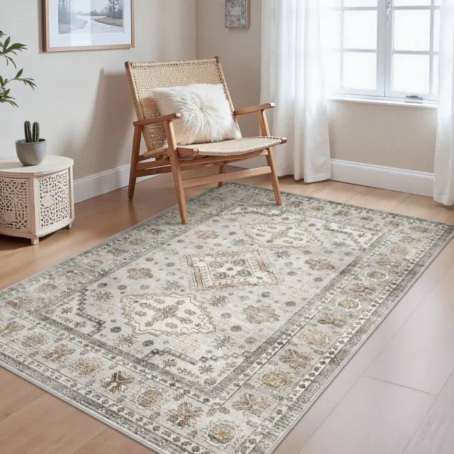 GENIMO Tapijt -Boho vintage kortflor-Wasbaar en antislip-Voor woonkamer en slaapkamer-Beige