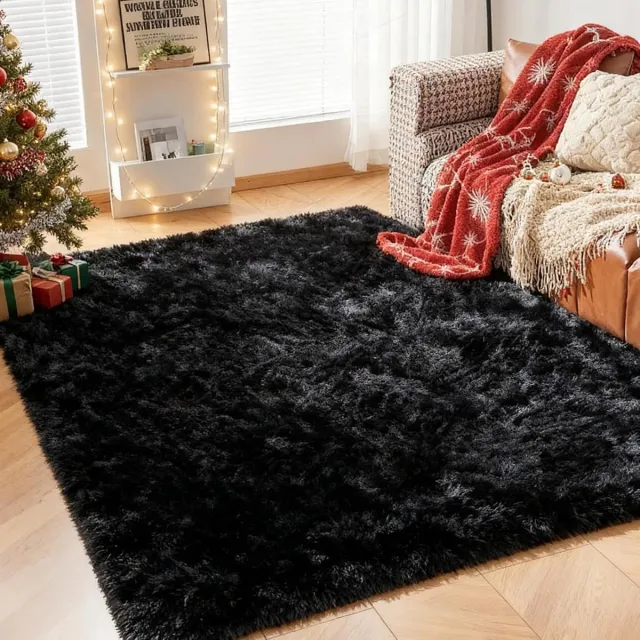 CHOSHOME Luxe pluizig vloerkleed voor slaapkamer en woonkamer - 200 x 290 cm, zwart, zacht, pluisvrij, antislip achterkant