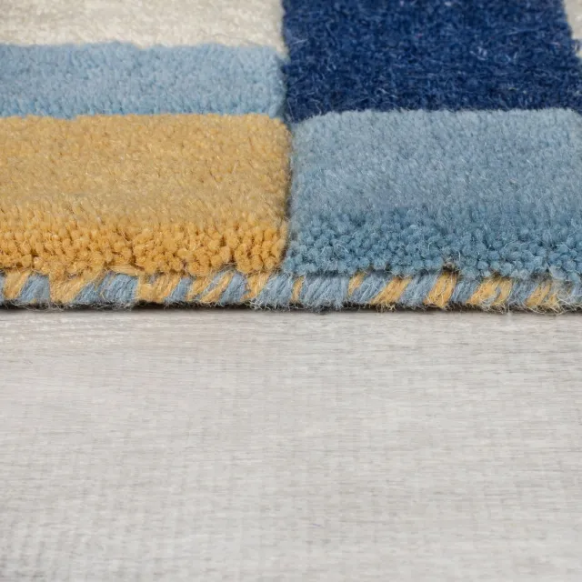 flycarpets Laagpolig Wollen Vloerkleed Kai - Kader - Lijstmotief - Blauw / Geel 120x170 cm