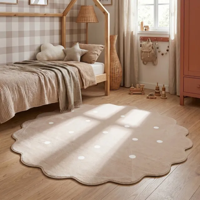 Little Olly Rond wasbaar vloerkleed - Cloudy Stippen Beige - Ø 140cm
