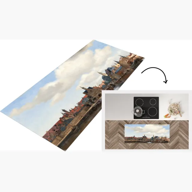 KitchenYeah Keukenloper - Loper keuken - Gezicht op Delft - Schilderij van Johannes Vermeer - Keukenloper vinyl Multicolor