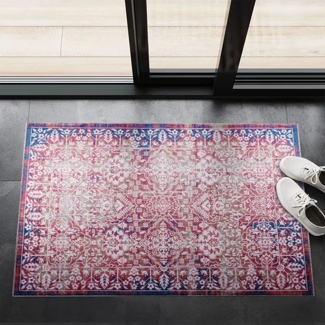 Netline Home Wasbaar - Antislip Deurmat voor badkamer, entree - Binnendeurmat - Moderne Oosterse Design Deurmat - Gemakkelijk schoon te maken - Laagpolig (60x90) bordeaux blauw