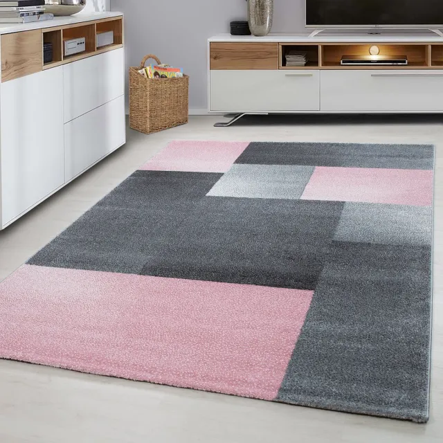 Ayyildiz Kortpolig vloerkleed, geruit patroon, roze, woonkamerkleed, jute achterkant, afmeting: 80 x 150 cm
