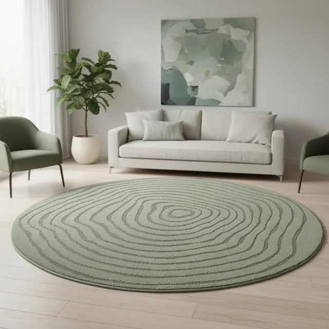 TapisTrend Designer tapijt Groen Modern rond vloerkleed met verhoogde concentrische organische lijnen voor woonkamer en slaapkamer