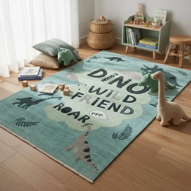 TESSO LIVING Vloerkleed Kinderkamer Dino – 150 x 220 cm Tapijt Kinderkamer – Machine Wasbaar & Anti-Slip – Premium Laagpolige Speelmat voor Kids Dino - Groen