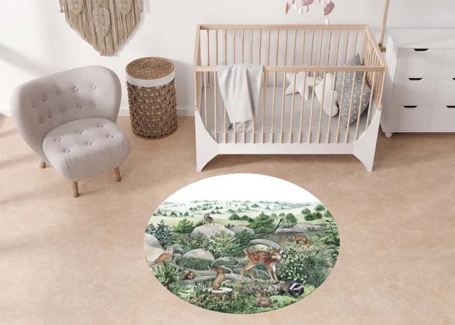 Bi & Li Creaties Rond Vinylzeil Happy hills Kikki Belle-vinyl kleed-kinderkamer-spelen-bosdieren-kinderkameraccessoires-vloerkleed groen tinten