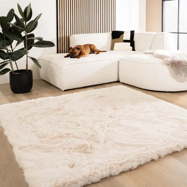 Tapeso Fluffy vloerkleed vierkant - Comfy Deluxe crème 130x130
