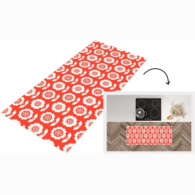 KitchenYeah Keukenloper 120x50 cm - Keukenmat vinyl Bloemen - Patroon - Rood - Keukenmatten loper - Keuken vloerkleed tapijt