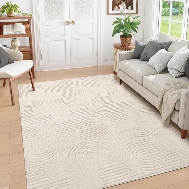 Enyhom Machinewasbare vloerkleden voor woonkamer, 140 x 200 cm, niet-pluizende 3D-vloerkleden voor slaapkamer, zacht, hoogpolig, antislip, groot, pluizig, mat voor kantoor, eetkamer, lounge, crème