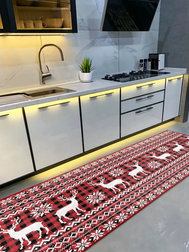 De Groen Home Vloerkleed 80x220cm - Kerst Rood - Wasbaar Antislip - Laagpolig Zacht Tapijt- Keukenloper Wit