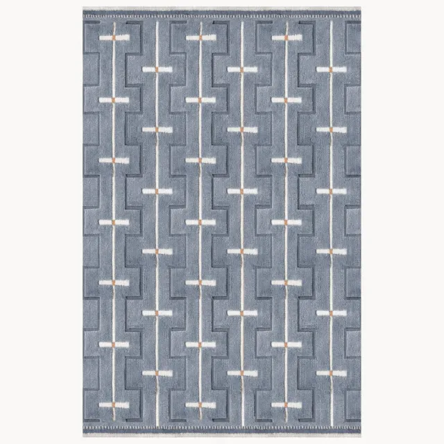Layered Handgeweven wollen vloerkleed Swedish Homage Johanna met hoog-laag structuur Blauw