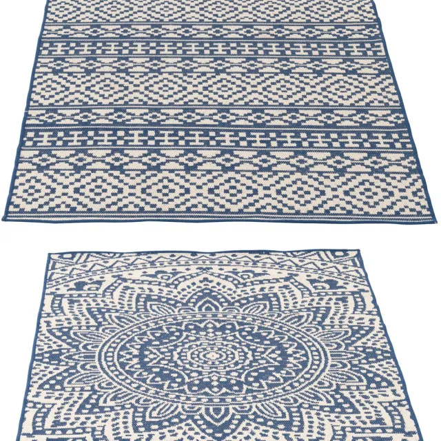 J-Line vloerkleed Buiten Mozaïek - polypropyleen - blauw/wit - set van 2