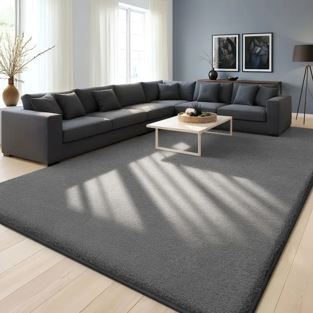 Famanu Modern vloerkleed voor de woonkamer, 120 x 160 cm, zacht en pluizig, wasbaar, antislip onderkant, laagpolig, geschikt voor hal en slaapkamer, donkergrijs