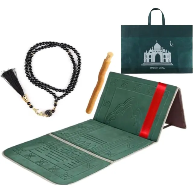 PEAM Gebedskleed Islam - "Zwarte Gebedskleedset: Comfortabel en Draagbaar met Tesbih, Miswak en Rugleuning - Perfect voor Reizen en Thuisgebruik, Inclusief Opvouwbaar Groen Gebedskleed"