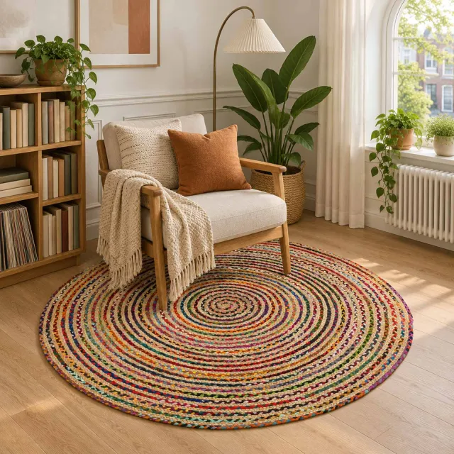 vidaXL Gebied Tapijt Multikleur Ø 150 cm Jute meerkleurig, foto 2