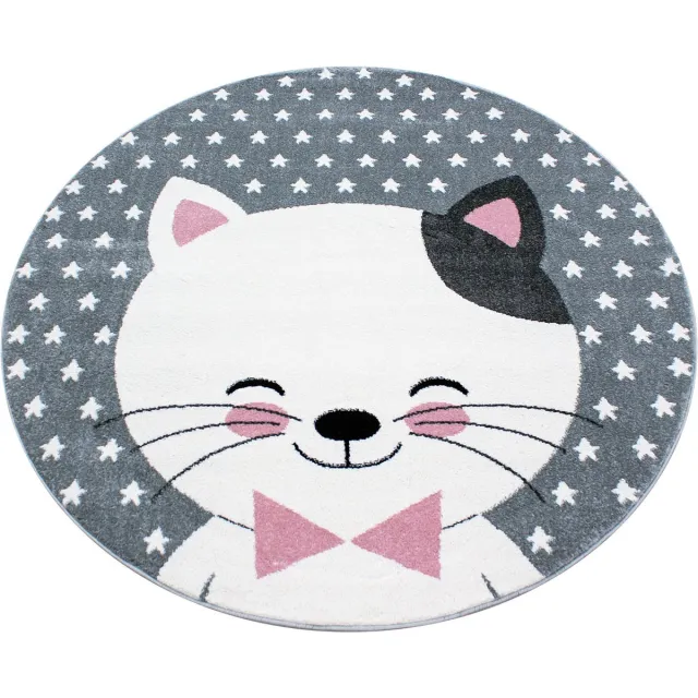 flycarpets Flycarpets - Kids Kinderkamer Kat Roze Vloerkleed Rond Grijs