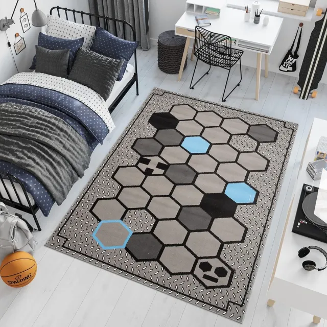 Tapiso Patras Vloerkleed Grijs Blauw Zwart Jeugdkamer Kinderkamer Kleed Tapijt