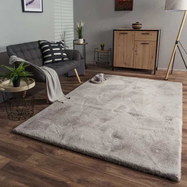 TT Home Woonkamer hoogpolig tapijt langpolig zacht konijnenbont imitatie zacht 80 x 150 cm Rond 80 x 150 cm Rond grijs