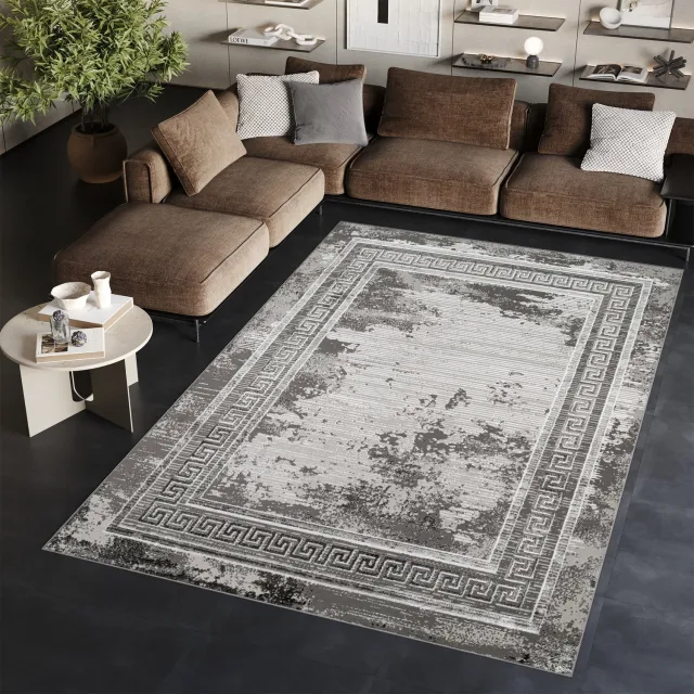 Tapiso Ares Vloerkleed Grijs Laagpolig Woonkamer Frame Oriental Tapijt Maat- 200x300