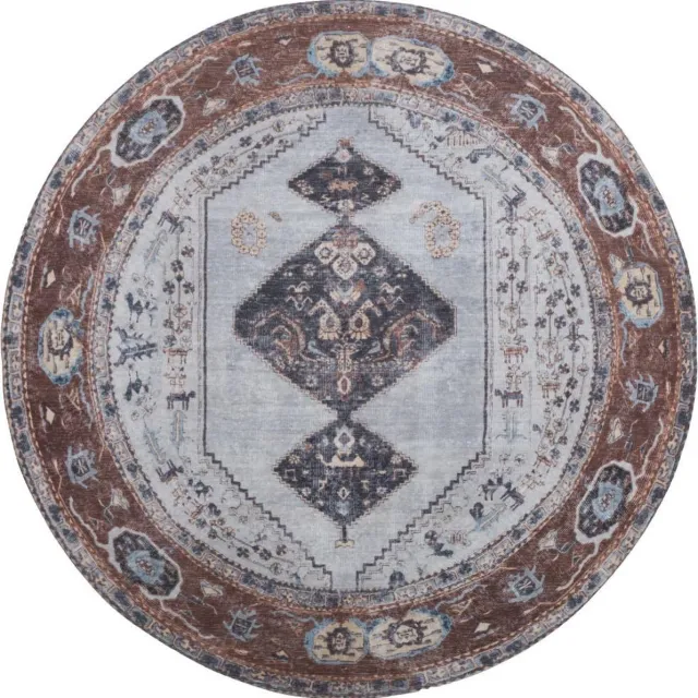 Veer Carpets Vloerkleed Karaca Antraciet/Brown 09 Rond ø120 cm - Laagpolig Vloerkleed – Vintage / Klassiek Design