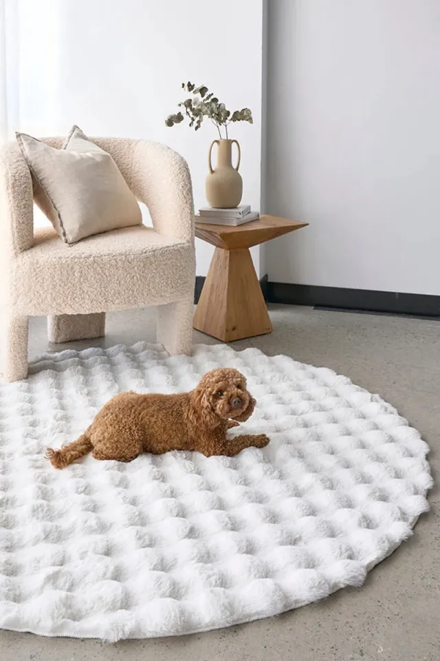 PolkaHome Cirkel Rond Vloerkleed Ø90 cm - Superzacht Modern Vloerkleed - Hoogpolig Fluffy Tapijt - Antislip Carpet voor Woonkamer, Kinderkamer & Slaapkamer (beige-wit)
