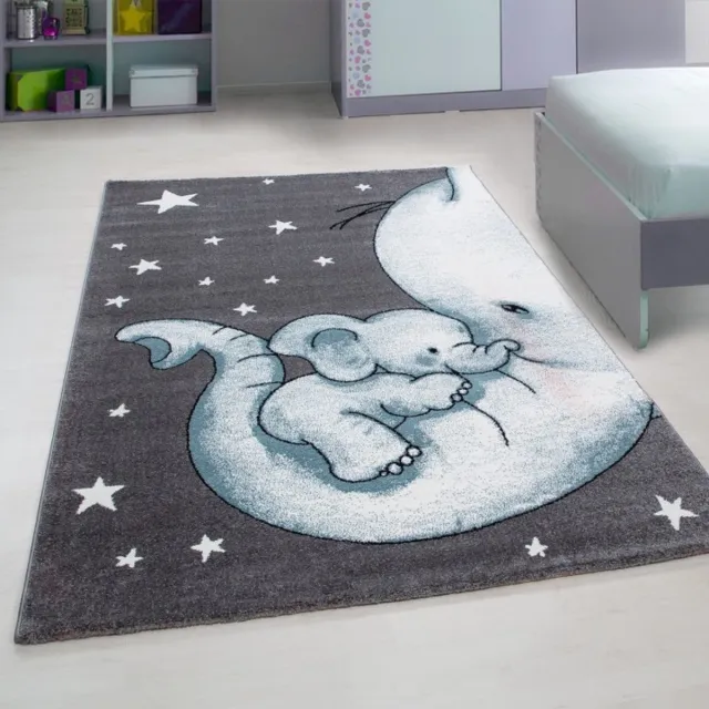TapisTrend Kinderkleed Blauw 160x230 cm met olifantenpatroon, gemaakt van jute, voor de slaapkamer, plat geweven, wasbaar