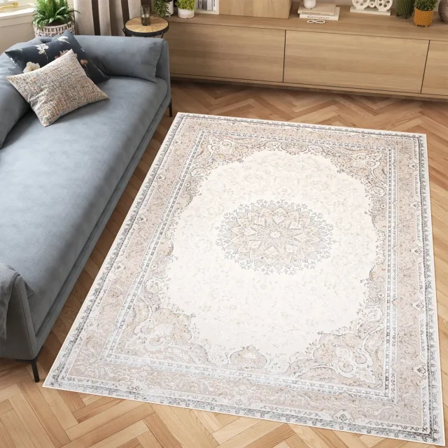 Tapiso Hera Vloerkleed Beige Woonkamer Licht Vintage Frame Tapijt Lichtbeige