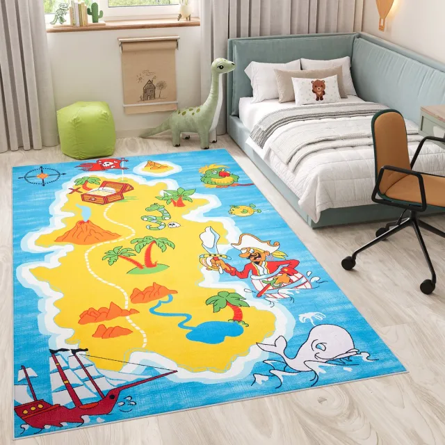 Tapiso Flannel Printed Kindertapijt Antislip Piraat Eiland Kinderkamer Vloerkleed Maat- 160x230 Blauw Geel