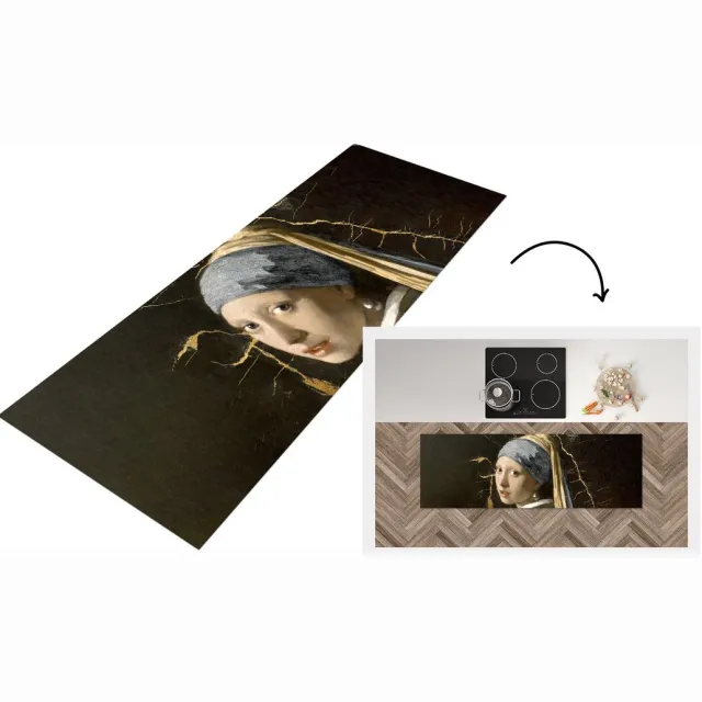 KitchenYeah Keukenloper - Loper keuken - Meisje met de parel - Marmer - Goud - Keukenloper vinyl Multicolor