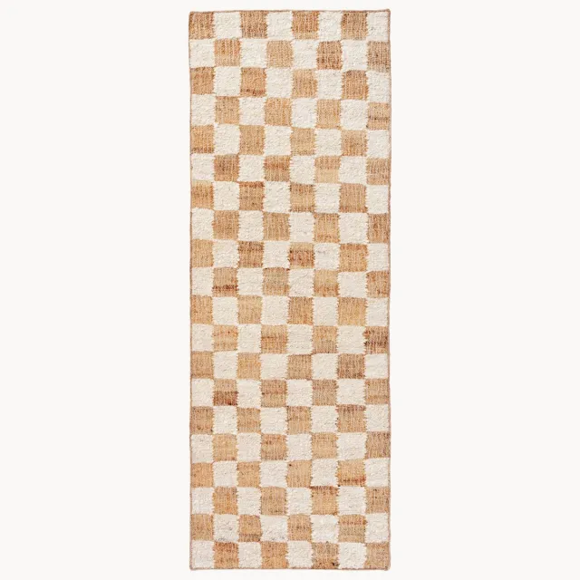 Ferm Living Handgeweven laagpolige loper Check van wol Beige