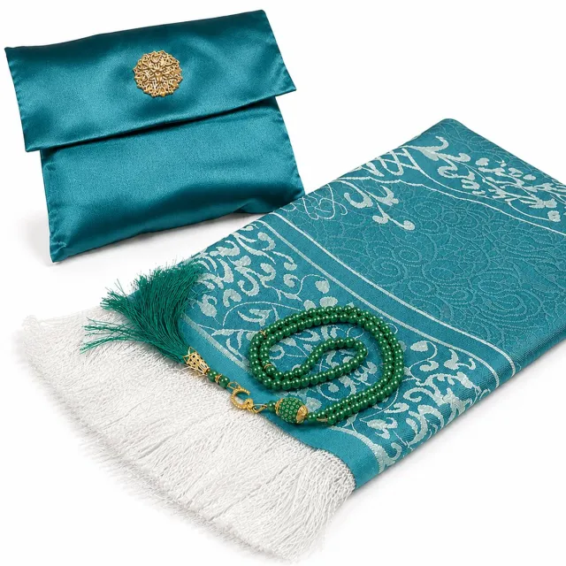 Baraka Treasures Luxe Cadeauset - Gebedskleed Set - Islamitische Giftset - Gebedskleed met Tasbih - Luxe Opbergtas - Eid Cadeau - 105cm x 70cm - Groen