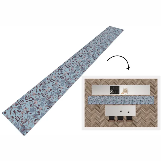 KitchenYeah Keukenloper - Keukenmat vinyl Patroon - Bloem - Grijs - Blauw - Keukenmatten loper - Keuken vloerkleed tapijt, foto 3