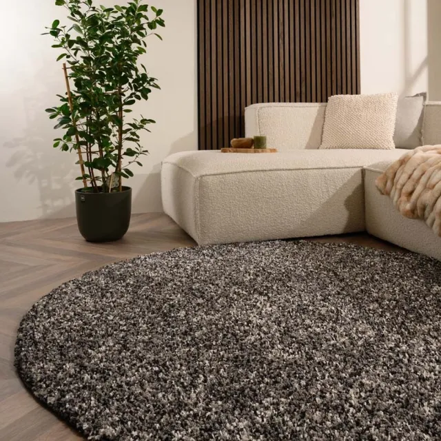 Tapeso Rond hoogpolig vloerkleed - Blend zwart/grijs 120