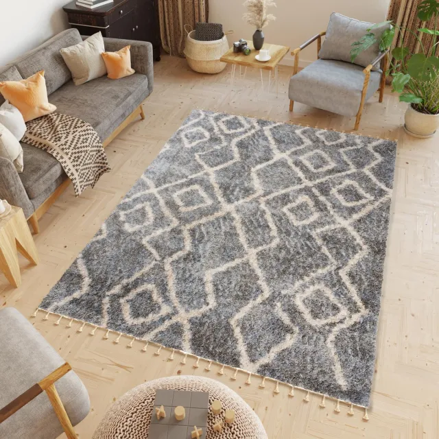 Tapiso Versay Fringes Vloerkleed Hoogpolig Tapijt Slaapkamer Donkergrijs Beige 1
