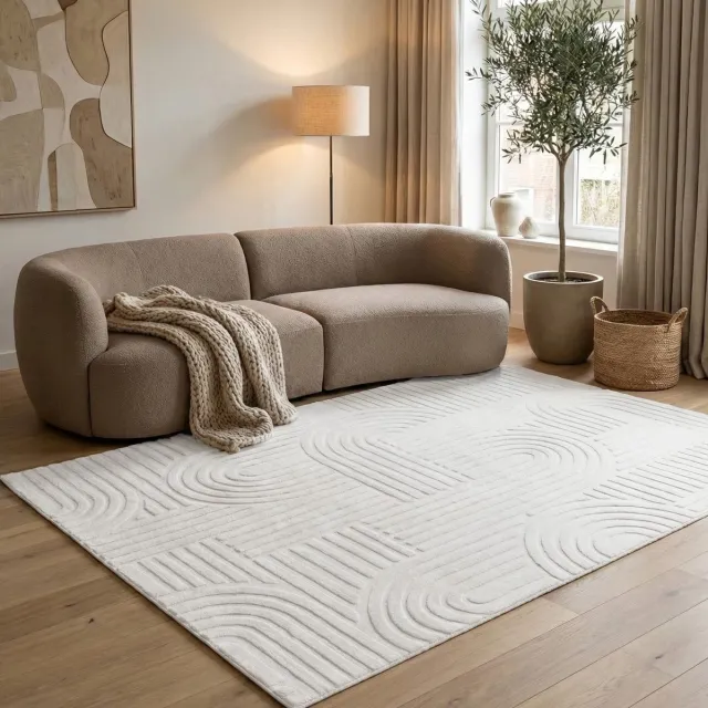 flycarpets Eve Japandi Vloerkleed Creme - Laagpolig Tapijt Woonkamer - Zacht en Fluffy - 160x230 cm