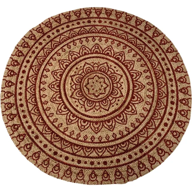 Rocaflor Vloerkleed-Rond- Jute-Print-Bordeaux-Henna-Oosters-Mandala-rond-150cm